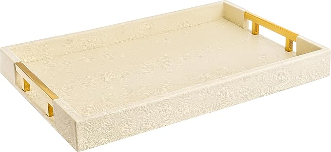 Modern Elegant 17.5âx12â Rectangle Cream Rectangle Shagreen Faux Leather Decorative Tray Ottoman Tray Coffee Table Perfume Living Room Kitchen Serving Tray with Gold Polished Metal Handles.