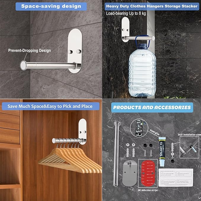 Stainless Steel Clothes Hanger Storage Rack,Wall Mounted Clothes Hanger Organizer, Clothes Bar-Hanger Holder Hooks, Laundry Room Coat Hanger,Space Saving Adhesive OR Drilling Installation
