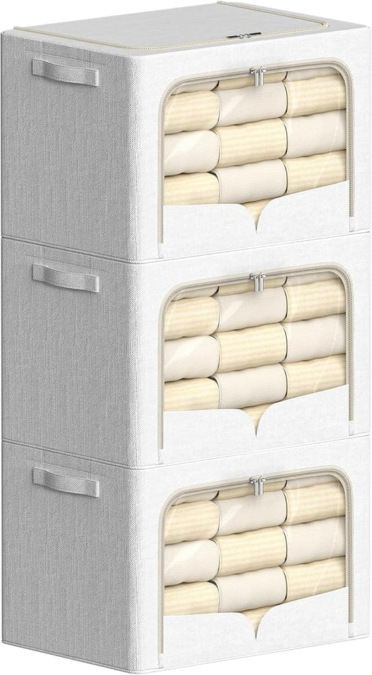 FHSQX 3 Pack Clothes Storage Bins Foldable Metal Frame Storage Box Stackable Linen Fabric Container Organizer Set with Carrying Handles and Clear Window (Cream White, 23.6x16.5x15.7inch(100L))