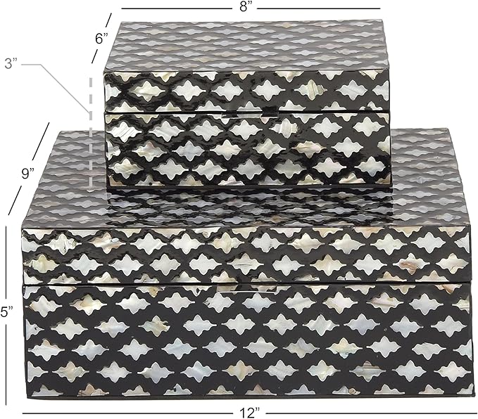 Deco 79 Mother of Pearl Shell Decorative Box Decorative Keepsake Boxes with Hinged Lid, Set of 2 Storage Boxes 12", 8"W, Black