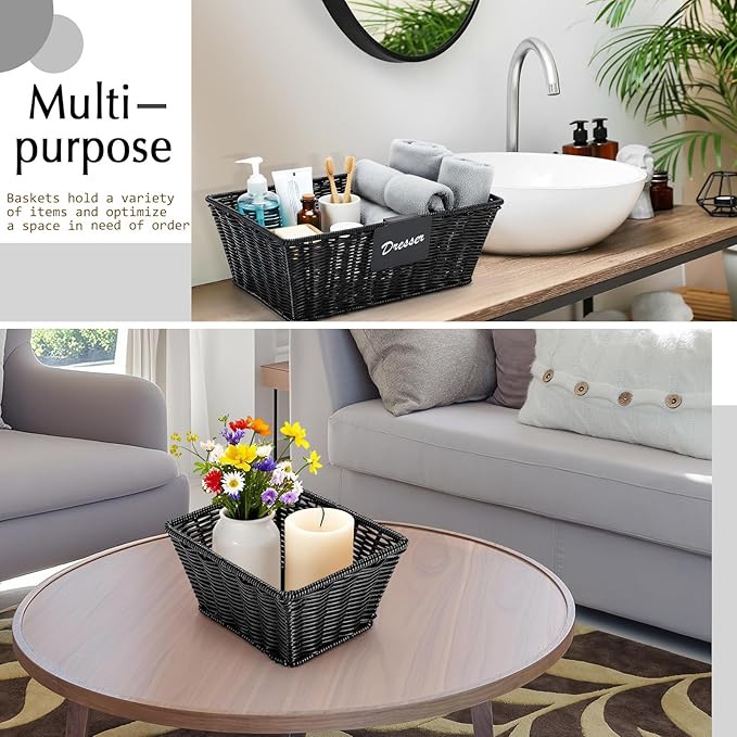 Marsui 6 Pcs Wicker Storage Baskets with Labels Handwoven Multi-size Black Wicker Storage Bins for Organizing Small Baskets Container for Shelves Closet Pantry Toilet