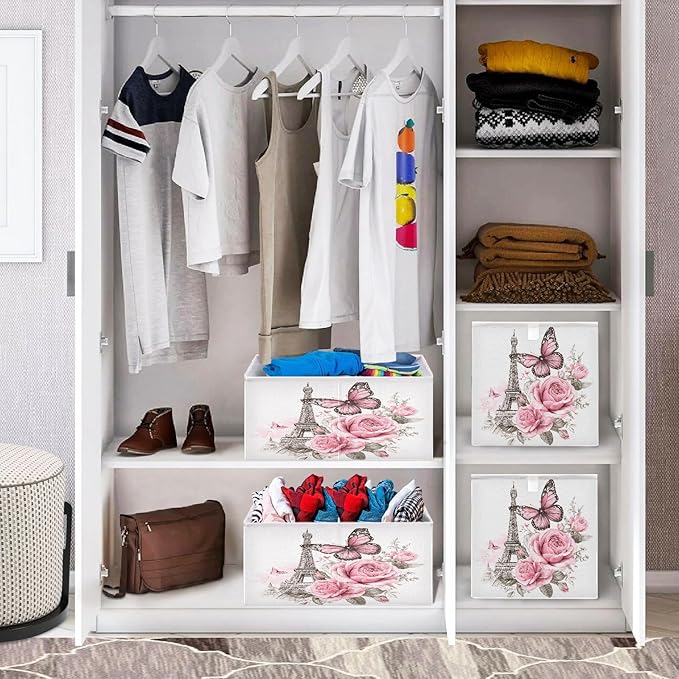 Bolaz Bow Flower Eiffel Tower Closet Organizers Storage Cubes Storage Bins Shelf Baskets Containers for Home Room Office,Square