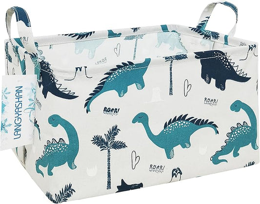 LANGYASHAN Rectangular Storage Bin Collapse Canvas Fabric Cartoon Storage Basket with Handles for Organizing Home Kitchen Boys and Girls Toys Office Closet Shelf Baskets (Rec green dinosaur)