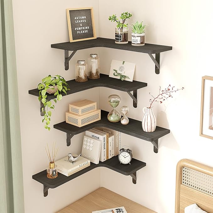 Fixwal Floating Shelves for Wall, Rustic Wood Wall Mounted Corner Shelf for Bathroom, Kitchen, Bedroom, Home Decor, Laundry Room, Living Room, Set of 5 (Black)