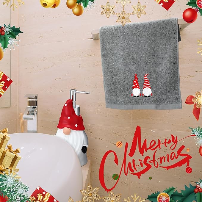 Christmas Soap Dispenser and Towel Set Gnome Hand Soap Dispenser with 2 Hand Towels Refillable Lotion Essential Oil Dispensers with Pump for Christmas Bathroom Kitchen