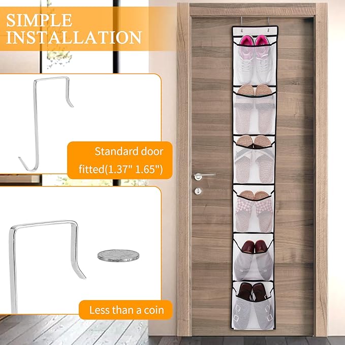 6 Large Breathable Mesh Pockets, Over The Door Shoe Organizer, Boots Hanging Storage Shoe Rack for Closet, Accessories - - White