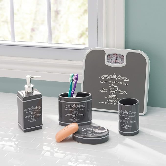 Paris Design 4-Piece Ceramic Bathroom Set, By Home Basics (Grey) | Chic Design Bathroom Accessory Sets | Accessories For Bathroom | Includes Soap Dish, Tumbler, Toothbrush Holder, and Lotion Dispenser