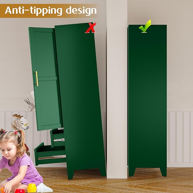 71" Tall Metal Pantry Cabinet, Steel Storage Cabinets with 2 Doors, 2 Adjustable Shelf and 2 Drawers, Used as Kitchen Cabinet, Freestanding Cupboard for Kitchen, Office, Living Room (Green)