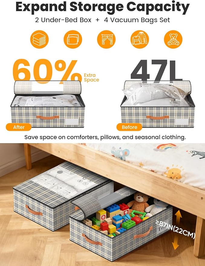 2-Pack Under Bed Storage Bins with Wheels and 4 Vacuum Seal Bags, Heavy Duty 80lbs Capacity,7.9 Inch Clear Lid Organizer for Dorm Bedroom Clothes Shoes Toys,Quick Assembly Space Saver Houndstooth