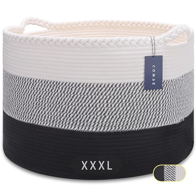COMSE Extra Large Blanket Basket, Woven Laundry Basket, 21.7âx 13.8â, Nursery Hamper, Cotton Rope Laundry Hamper Living Room for Storage Toys Clothes Towels (White &Gray &Black)