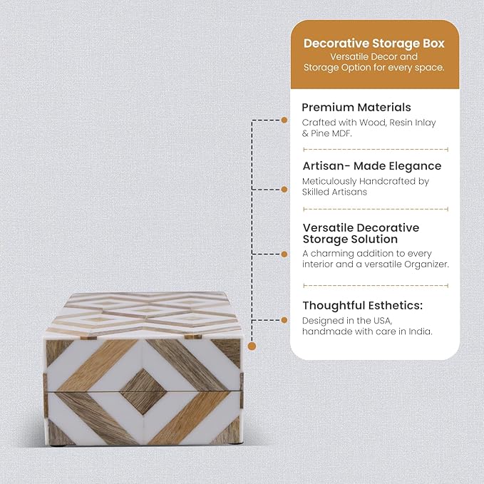 Handicrafts Home White Decorative Box with Lid–Marquet Resin Inlay & Wood Decorative Boxes for Home Decor, Decor, Storage Box for Jewellery & Keys White Brown Neutral Decorative Storage Box-10x4.5x2.5