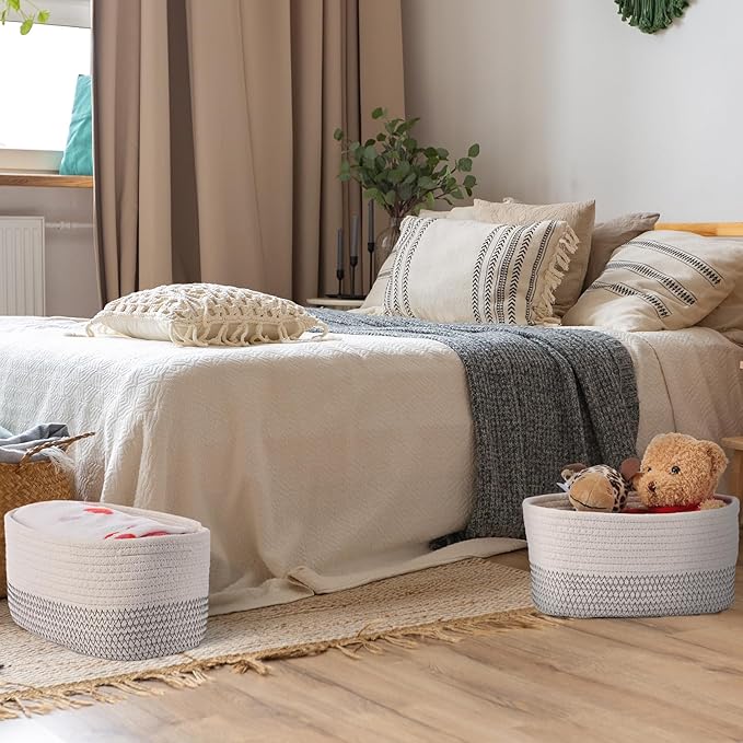 Sawysine 6 Pcs Storage Baskets Bulk for Organizing Cotton Rope Woven Basket with Handles for Gift Cloth Shelves Blanket Toys Living Room Bathroom(White Grey)