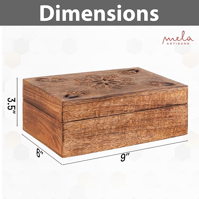 Mela Artisans Wooden Keepsake Box | Burnt Mango Wood Memory | Photo Storage Box with Hinged Lid | Decorative Storage Box | Large | 9x6x3.5 Inch