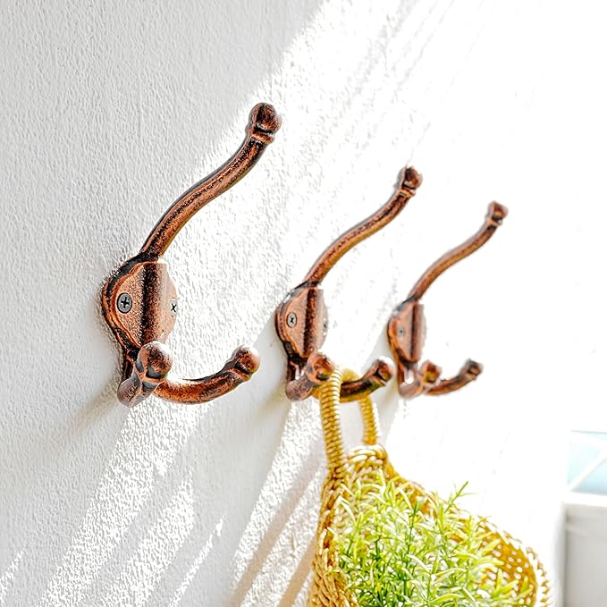 Dseap Cast Iron Wall Hooks L=5”, Heavy Duty Coat Hooks, Rustic Vintage Farmhouse Hook for Hanging Winter Coats Jackets Towels Hats Bags Plants, Antique Copper, Pack of 10 (GripBold)