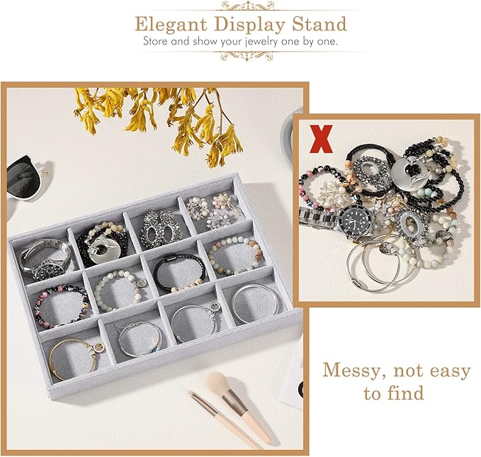 Emibele Bracelets Organizer Jewelry Tray, 12 Grids Velvet Tray Storage for Watches Rings Earrings, Stackable Jewelry Drawer Organizer Showcase Display Trays with Detachable Inner Dividers, Grey