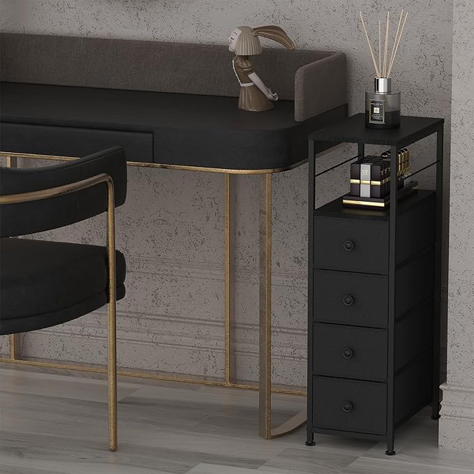 YBING Narrow Dresser for Bedroom, Slim Chest Organizer Nightstand, 4 Fabric Drawers with Wood Shelf, Side Tables for Small Spaces, Black