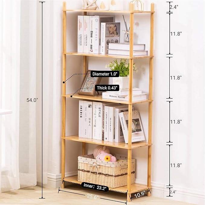 Expandable Freestanding Open Bamboo Book Shelf - No-Tool Assembly & Modular,Bathroom Storage Shelf Unit Plant Stand for Small Space, Bedroom, Living Room, Home Office (1, Natural, 5-Tier L)