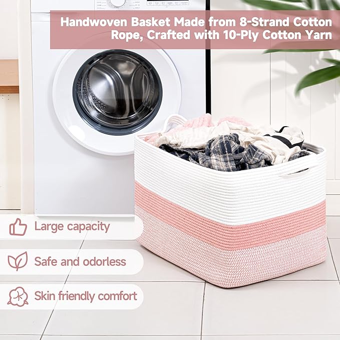 CLHMILY&Z Stylish Square Cotton Rope Storage Basket (Pink & White, 110L)
