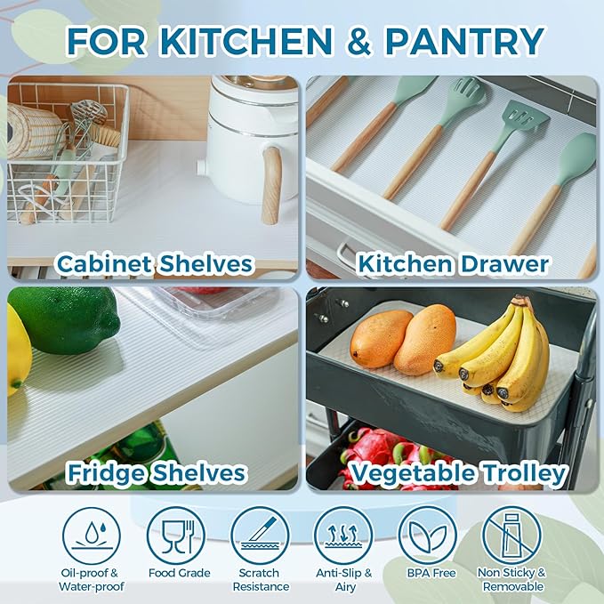 Hersvin Shelf Liners 10 in x 20 ft EVA Drawer Mats, Non-Adhesive Cupboard Protector, Kitchen Cabinet Lining Fridge Liner (White Stripe, 25.4x610cm)