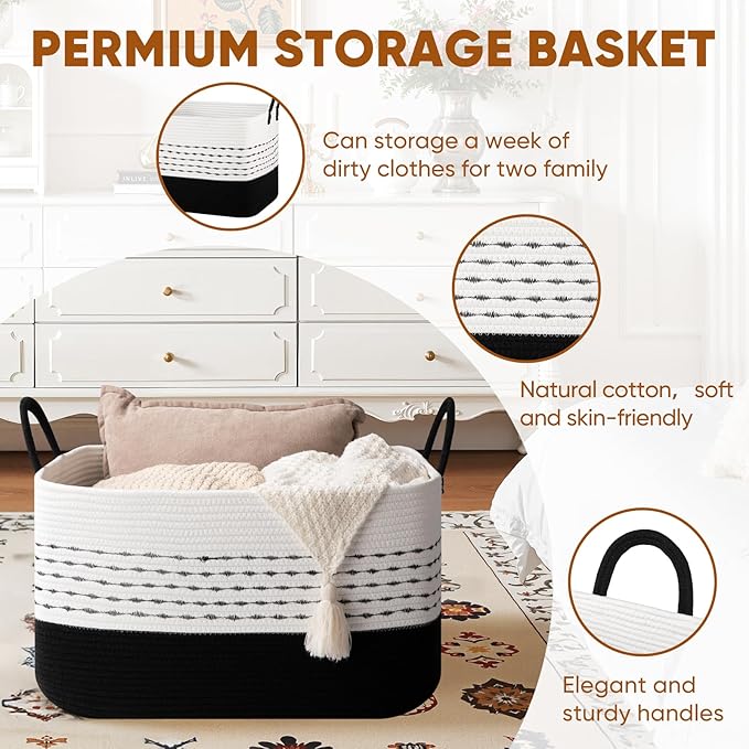 Large Blanket Basket for Living Room, 75L Woven Storage Baskets for Organizing, Rectangle Cotton Rope Basket With Handles-Black & White