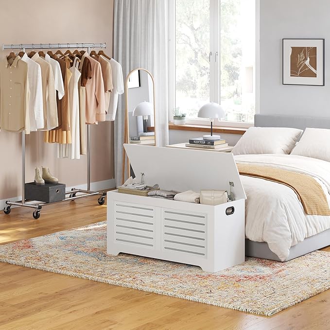 DINZI LVJ Storage Chest, 39.4âWooden Toy Box with 2 Safety Hinges, Retro Entryway Shoe Storage Bench with Flip-Top, Sturdy Large Storage Trunk for Living Room, Bedroom, Easy Assembly, White