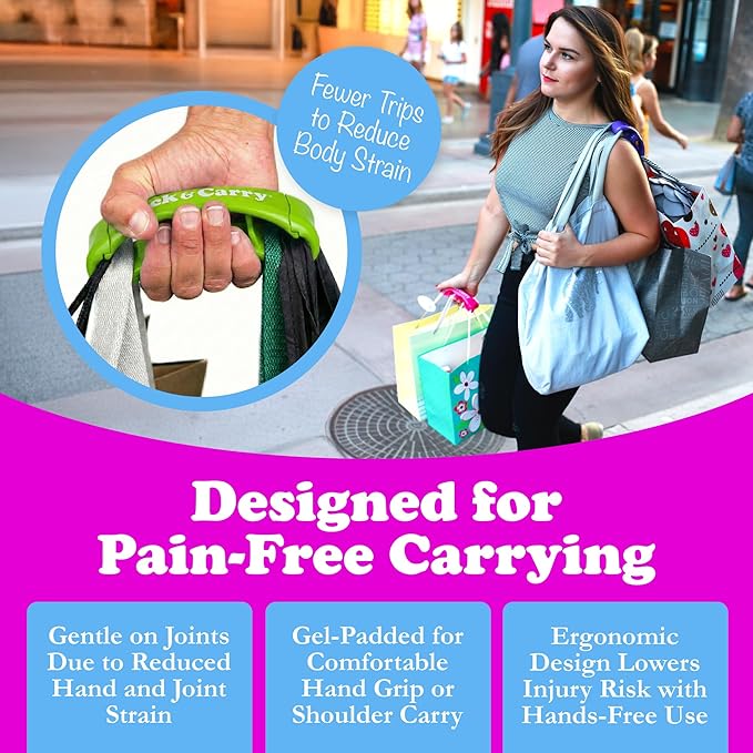 Click & Carry Grocery Bag Carrier Handle - Carry More in Fewer Trips, 100lb Capacity, Hands-Free, Gel-Padded Ergonomic Design, Shopping & Grocery Bag Holder - As Seen On Shark Tank, Green, 2 Pack