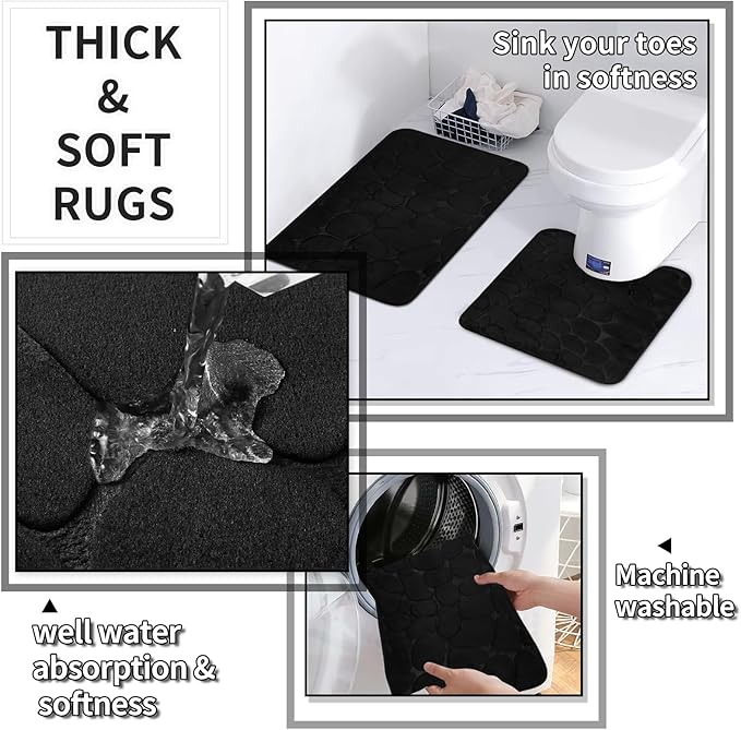 Bathroom Set with Shower Curtain and Rugs- 25PC Bathroom Accessory Set, Black Shower Curtain Set, Toilet Brush, Trash Can, Qtip Holder & Soap Dispenser