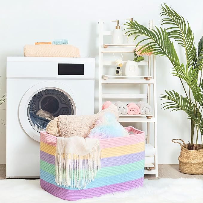 MINTWOOD Design 22in Extra Large Blanket Basket Holder Living Room, Rectangle Rope Woven Storage Basket with Handles for Laundry, Pool Towels, and Shoes, Dog Toy Organizer Bin Box, Pastel Rainbow