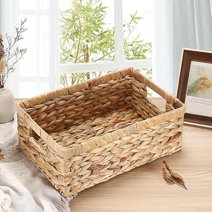 Wicker Basket for Shelf Woven Open Storage Bins with Built-in Handles Handwoven Water Hyacinth Storage Baskets Box for Living Room Bathroom Kitchen,13.8"L x 9.3"W x 5"H