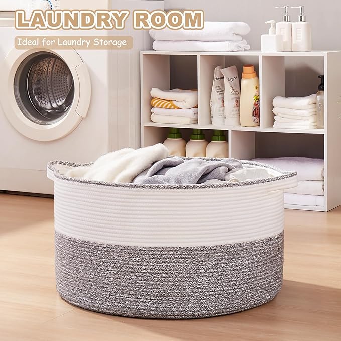 Large Blanket Basket with Handles, 22.8" x 22.8" x 13" Woven Storage Basket for Living Room, Cotton Rope Baby Toy Storage for Clothes, Pillows, Towels-Grey and White