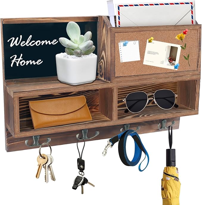 comfoyar Key Holder for Wall, Mail Organizer Wall Mount with Cork Board Bulletin Board, Key Rack with 4 Double Key Hooks and Shelf Storage, Dog Leash Holder for Entryway Rustic Home Decor, Brown