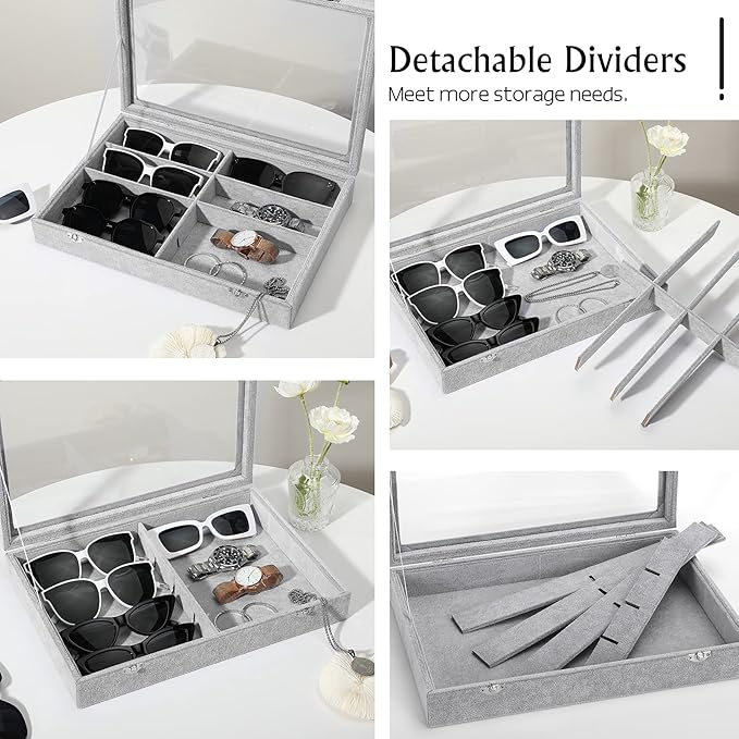 Emibele Glasses Organizer Jewelry Tray, 8 Grids with Clear Lid Velvet Tray Watch Storage Stackable Jewelry Showcase Display Storage with Detachable Inner Dividers - Grey