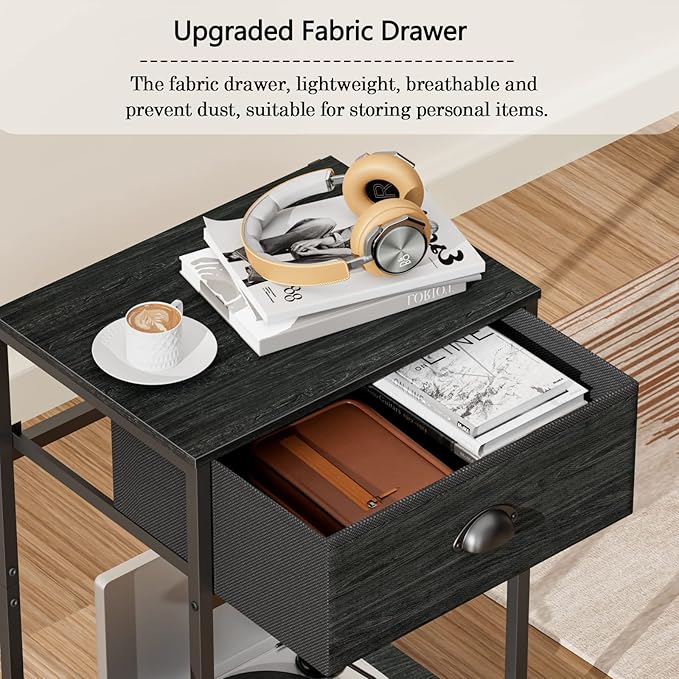 Nightstands Set of 4, Industrial End Table with Fabric Drawer&Storage Shelf, Small Bedside Table Organizer for Small Space, Side Table for Living Room, Tall 23.6" Night Stand for Bedroom, Black Oak