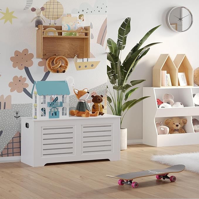 DINZI LVJ Storage Chest, 43.3â Wooden Toy Box with 2 Safety Hinges, Retro Entryway Shoe Storage Bench with Flip-Top, Sturdy Large Storage Trunk for Living Room, Bedroom, Easy Assembly, White
