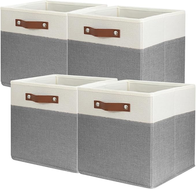 SNWDN 4 Pack Fabric Storage Baskets for Organizing Collapsible Fabric Storage Bins with Handles for Home and Office Organizing (White/Grey 11x11x11 Inches)