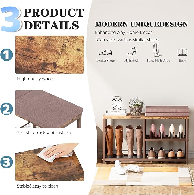 Shoe Rack Bench for Entryway 3-Tier, Free Standing Shoe Racks with Seat Cushion, Narrow Shoe Storage Shelf with Boot Organizer, Shoe Rack for Small Spacesh with Wood Bench (Brown + Coffee)