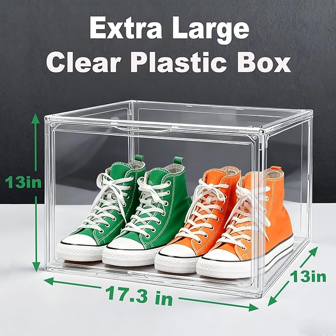 3 Pack XXX-Large Tall Boot Storage Organizer 17.3x13x13, Acrylic Display Case Shoe Boxes Extra Large Helmet Showcase Clear Stackable Hangbag Tote Bag with Magnetic Lid, 3 Pack Boxes with 2 Shoe Bags