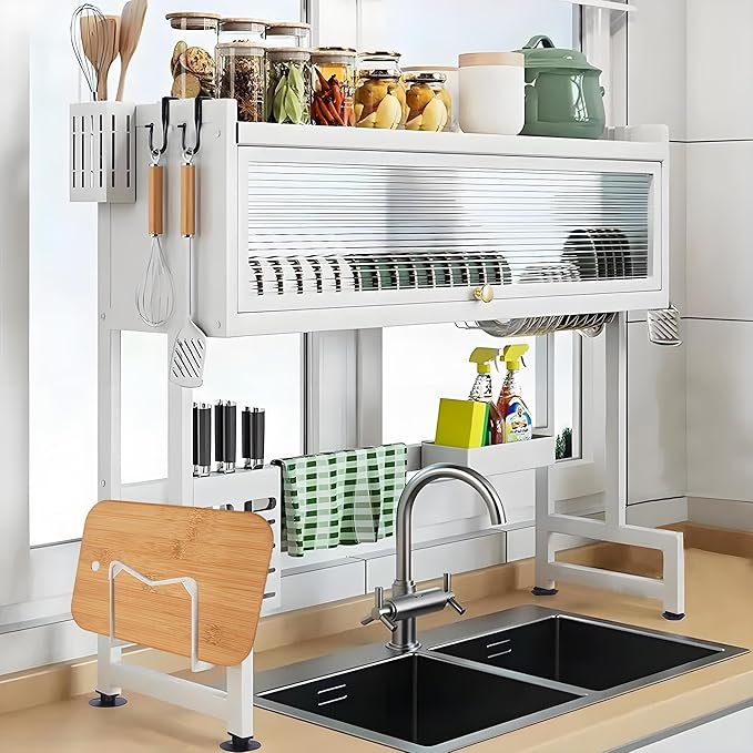 ASIEIT Dish Drying Rack, 3-Tier Over Sink Dish Drying Rack, 33.5" Sink Dish Rack for Small Kitchen, Space-Saving Sink Dish Rack with Cover, Baskets, Utensil, Large Kitchen Storage Organizer White