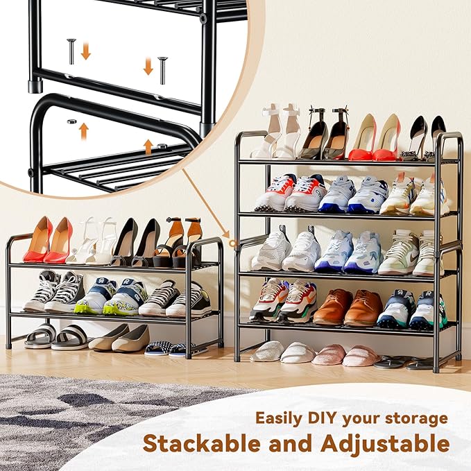 Shoe Rack 2 Tier, Metal Shoe Storage Organizer Shelf for Closet, Stackble & Adjustable, Black