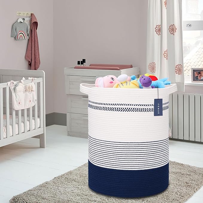 COMSE Extra Large Blanket Basket, Tall Laundry Basket, Nursery Hamper, 15.7âx 21.7â, Cotton Rope Woven Laundry Hamper for Storage Toys Clothes Towels, Navy Blue & White