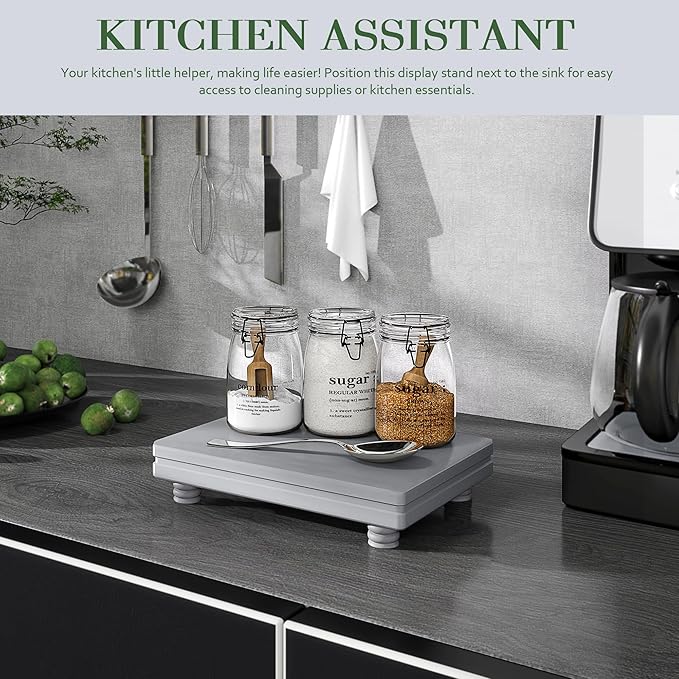 EOSAHR Wooden Tray Pedestal Stand for Home and Kitchen Decor â Decorative Tray for Soap Holder & Bathroom Essentials â Multi-Functional Bathroom Counter Organizer (Grey)