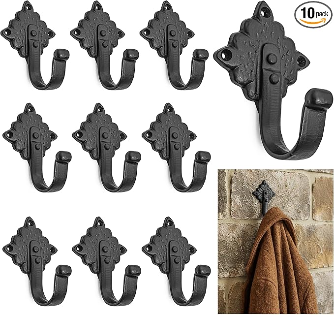 Mystic Colonial Rustic Cast Iron Wall Hooks Heavy Duty Vintage Utility Hooks for Hanging Coats, Towels, Bags, Robes, Hats & More Decorative Wall Mount Hooks, Pack of 10
