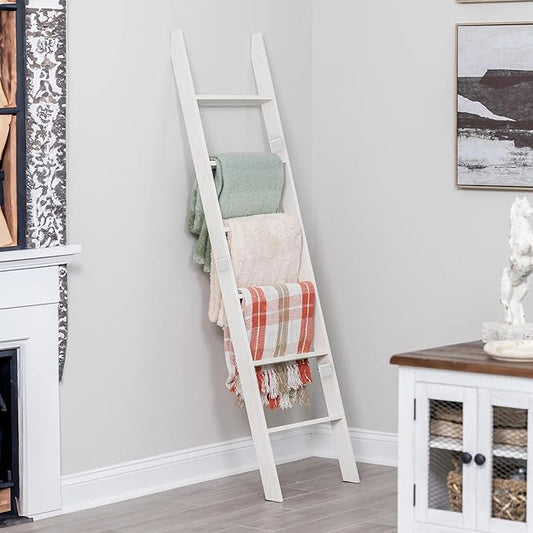 Blanket Ladder for Living Room and Bedroom, 5ft 8 inch, 6-Tier Wall Leaning Laminate Snag Free Construction (White) Rustic Decorative Farmhouse Blanket Storage, Quilt Rack, Ladder Shelf, Easy Assembly