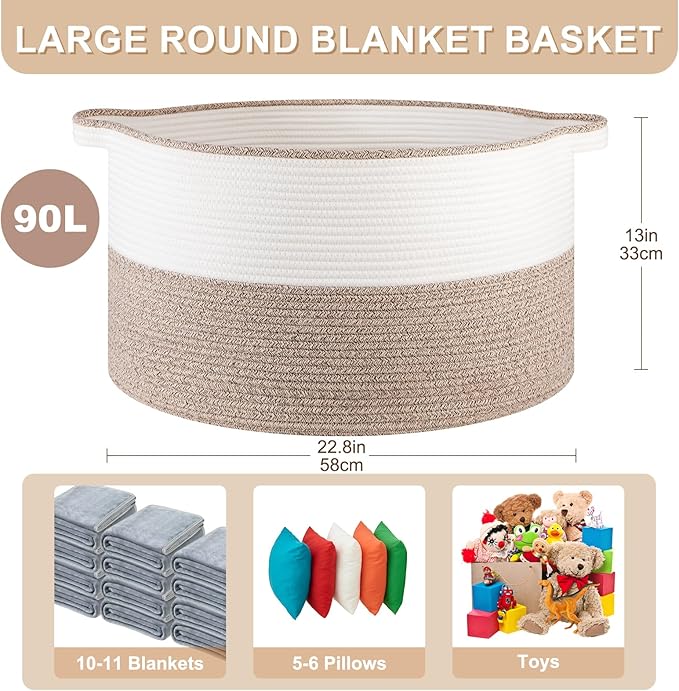 Large Blanket Basket with Handles, 22.8" x 22.8" x 13" Woven Storage Basket for Living Room, Cotton Rope Baby Toy Storage for Clothes, Pillows, Towels-Brown & White