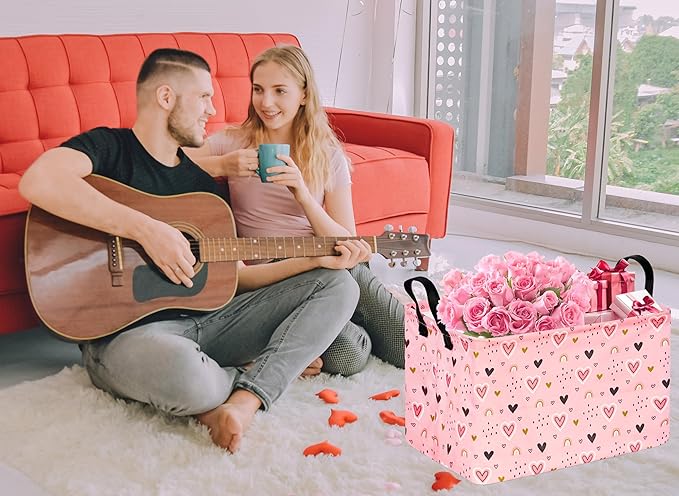 valentines basket Rec Pink Heart Print Box Hamper Storage Basket Collapsible Organizer Bin Gift Shelf Baskets for Home and Kitchen Storage