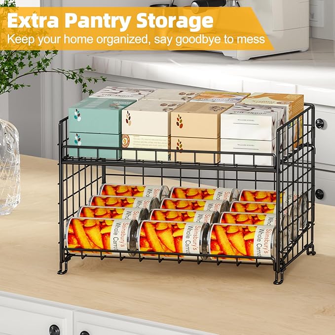 Adjustable Rack Organizer, Stackable 2-Tier Storage for Kitchen Pantry Cabinet, Can Holders for Food, Multifunctional Dispenser for Snacks Soda-3 Pack