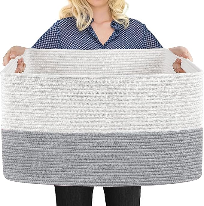 Extra Large Laundry Basket, Rectangle Woven Cotton Rope Storage Basket with Handles, Wicker Laundry Hamper, Farmhouse Storage Bin for Blankets Clothes Toys, Grey, 22" x 17" x 12"