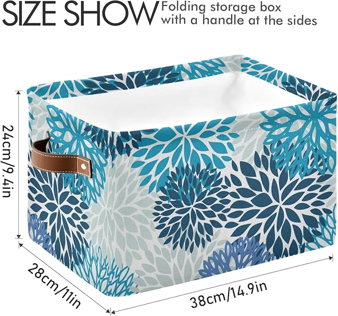 susiyo Large Foldable Storage Bin Blue Navy Chrysanthemum Flowers Fabric Storage Baskets Collapsible Decorative Baskets Organizing Basket Bin with PU Handles for Shelves Home Closet Bedroom-2Pack