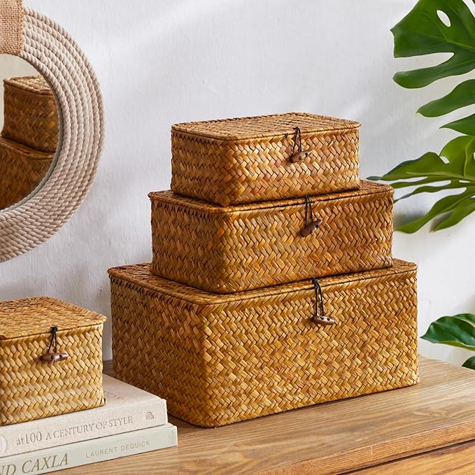 Wicker Storage Box with Lid, Handwoven Baskets for Storage, Square Decorative Baskets Bins Container for Shelf Organizing Home, Set of 3, Natural