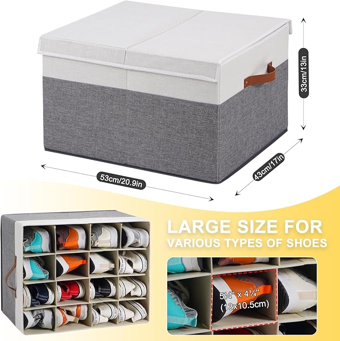 Shoe Storage Box for Closet Fits 16 Pairs, Large Shoe Organizer Box Bin Containers with Lid and Adjustable Dividers for Sandals, High Heels, Sneakers (Grey and White)